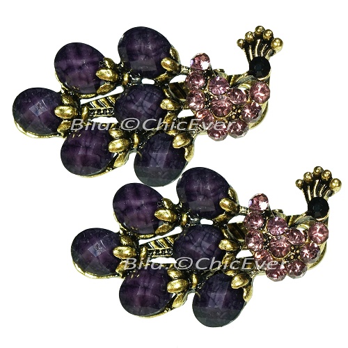 2x Haarspangen Pfau Vintage Metall Strass lila violett gold 5646 - zum Schließen ins Bild klicken